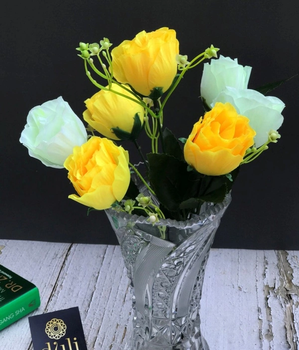 Artificial Rose Flowers Bunch Bouquet Of 7 Roses For Home Decoration (Color: Yellow, Material: Silk Polyester) - 12 Inches, 0.3, Yellow