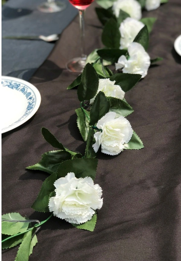 Artificial White Carnation Flower Vine Creeper With Big Green Leaves (Color: White, Material: Silk Polyester) - 6.5 Feet, 0.1, White