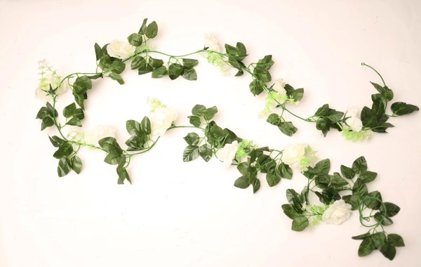 Artificial White Filler Rose Vines Flowers Plants Artificial Flower Creeper Hanging Rose For Home Decoration (Color: White, Material: Silk Polyester) - 8 Feet, 0.1, White