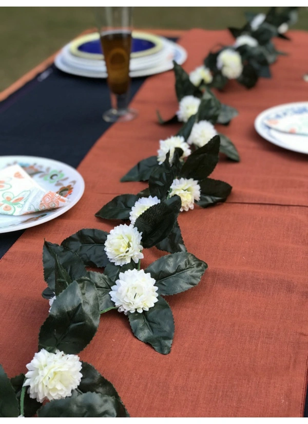 Artificial White Marigold Genda Flower Vine Creeper With Big Green Leaves For Home Decoration (Color: White, Material: Silk Polyester) - 6.5 Feet, 0.1, White