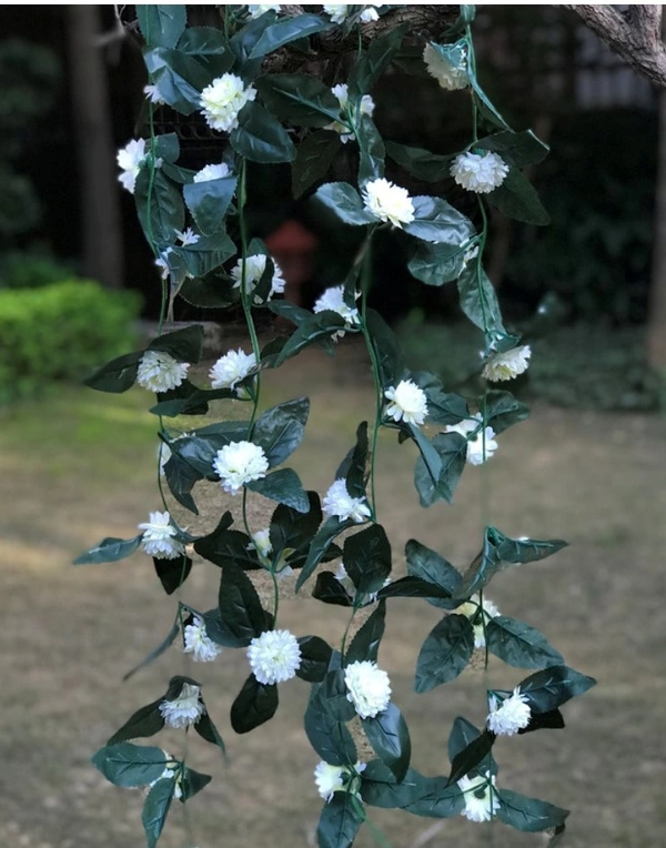 Artificial White Marigold Genda Flower Vine Creeper With Big Green Leaves For Home Decoration (Color: White, Material: Silk Polyester) - 6.5 Feet, 0.1, White