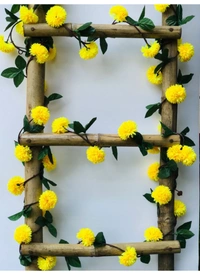 Artificial Yellow Chrysanthemum Dahlia Flower Vine Creeper With Big Green Leaves For Home Decoraton (Color: Yellow, Material: Silk Polyester) - 6.5 Feet, 0.1, Yellow