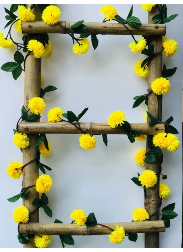 Artificial Yellow Chrysanthemum Dahlia Flower Vine Creeper With Big Green Leaves For Home Decoraton (Color: Yellow, Material: Silk Polyester) - 6.5 Feet, 0.1, Yellow