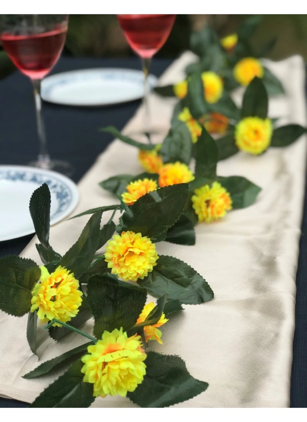 Artificial Yellow Marigold Genda Flower Vine Creeper With Big Green Leaves For Home Decoration (Color: Yellow, Material: Silk Polyester) - 6.5 Feet, 0.1, Yellow
