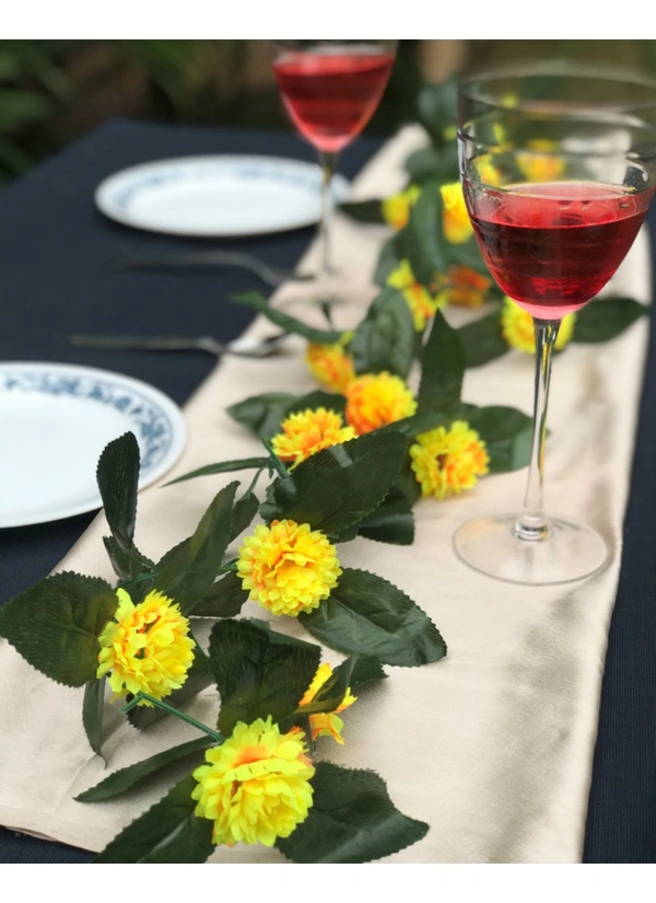 Artificial Yellow Marigold Genda Flower Vine Creeper With Big Green Leaves For Home Decoration (Color: Yellow, Material: Silk Polyester) - 6.5 Feet, 0.1, Yellow