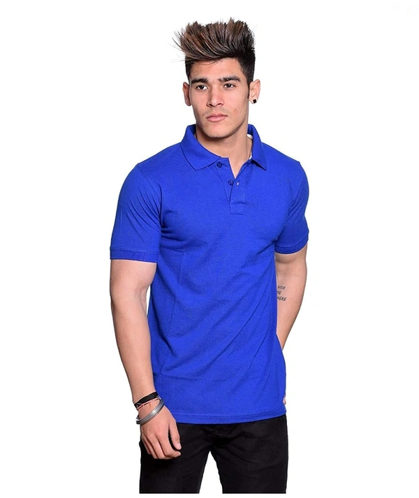 Men's Half Sleeve Polo Collar Cotton T Shirt (Royal Blue) - Royal Blue, 0.35, Solid, S