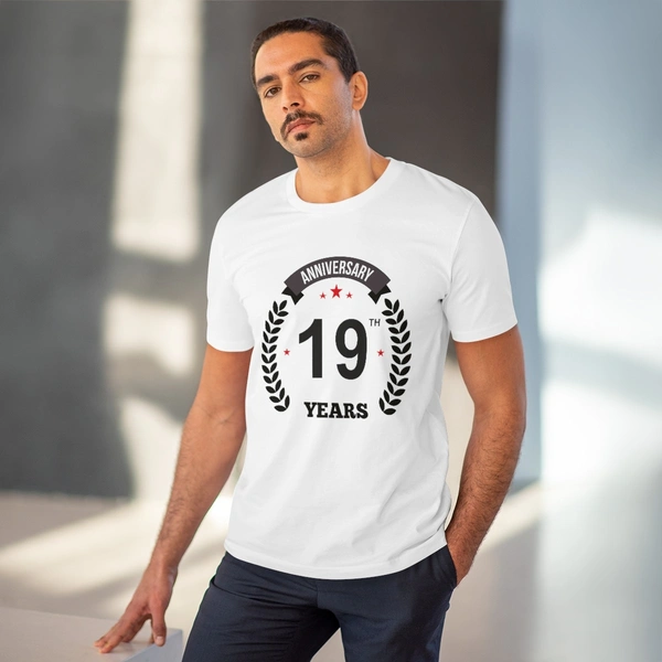 Men's PC Cotton 19th Anniversary Printed T Shirt (Color: White, Thread Count: 180GSM) - White, 0.25, Color Block, L