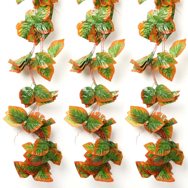 Pack Of 2 Silk Polyester Artificial Shaded Orange Green Leaf Vine Hanging Garland Foliage Flowers Leaf Plants For Wall Decoration (Color: Orange-Green,Length: 15 Feet) - 15 Feet, 0.2, Orange-Green