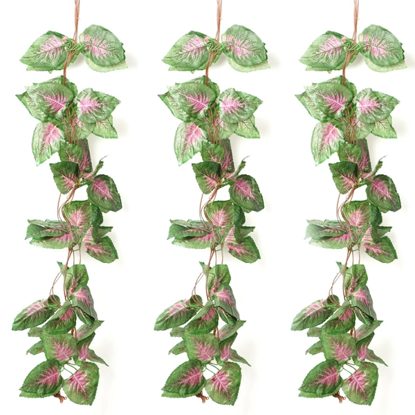 Pack Of 5 Silk Polyester Artificial Shaded Pink Green Leaf Vine Hanging Garland Foliage Flowers Leaf Plants For Wall Decoration (Color: Pink-Green,Length: 15 Feet) - 15 Feet, 0.5, Pink-Green