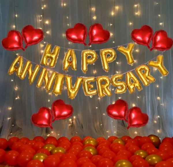 Red And Golden Happy Anniversary Decorations Set Of Metallic Balloons (Multicolor) - 0.25, Multicolor