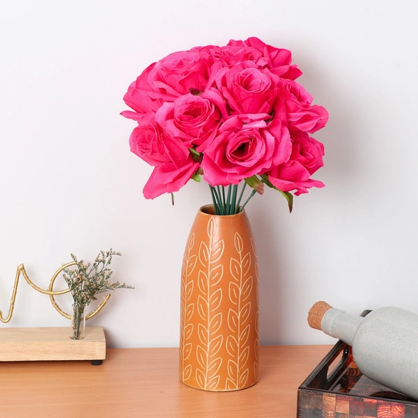 Silk Polyester Artificial Rose Flowers Bunch Bouquet Of 12 Roses For Home Decoration (Color: Pink,Length: 17 Inches) - 17 Inches, 0.4, Pink