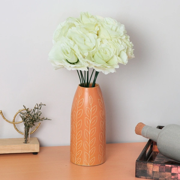 Silk Polyester Artificial Rose Flowers Bunch Bouquet Of 12 Roses For Home Decoration (Color: White,Length: 17 Inches) - 17 Inches, 0.4, White