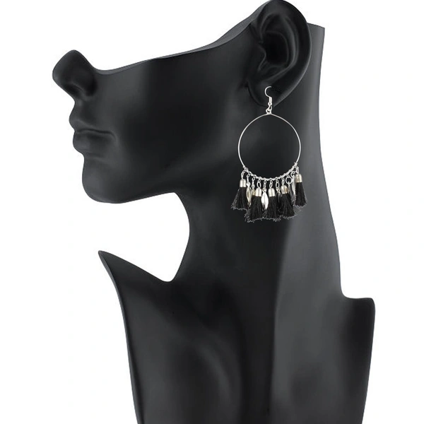 Generic Women's Alloy Hook Dangler Hanging Tassel Fashion Earrings-Black - Black, Alloy