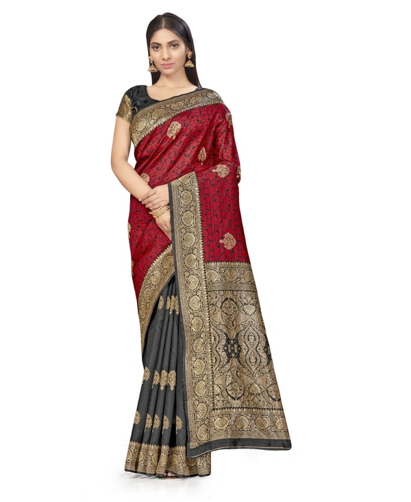 Women's Banarasi Silk Saree With Blouse (Black, Red, 5-6Mtrs) - Black- Red, 0.45