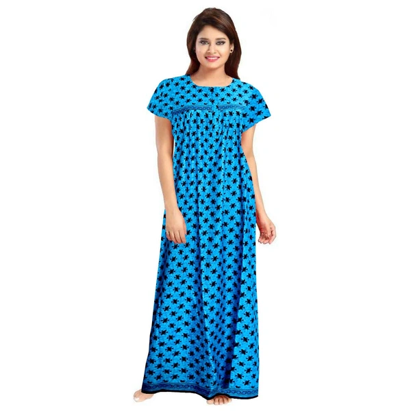 Women's Cotton Printed Maxi Nighty (Aqua Blue) - 0.45, Aqua Blue