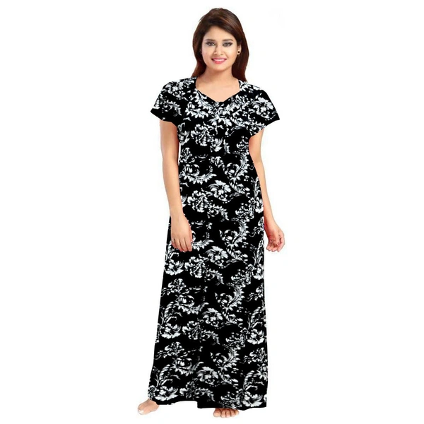 shopnav's Women's Cotton Printed Maxi Nighty (Black) - Black, 0.45, 2XL