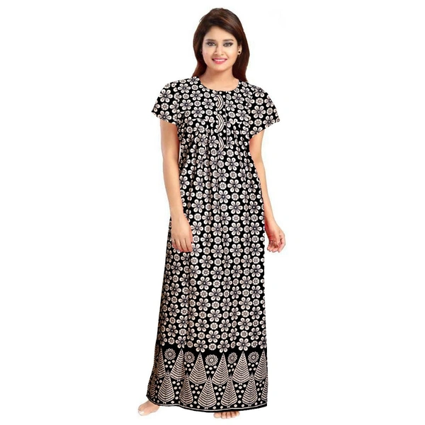 Women's Cotton Printed Maxi Nighty (Black) - Black, 0.45, L