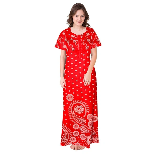 Women's Cotton Printed Maxi Nighty (Red) - 0.45, Red