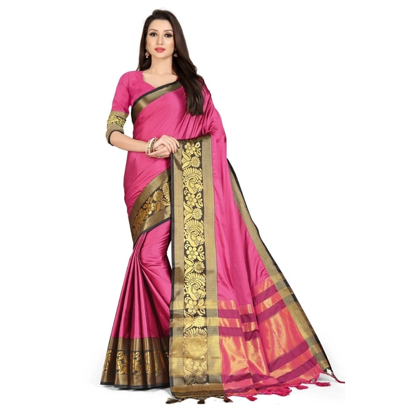 Women's Cotton Silk  Saree With Blouse (Black, 5-6Mtrs) - Black, 0.45, 5-6Mtrs