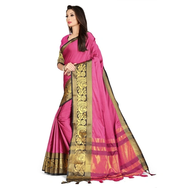 Women's Cotton Silk  Saree With Blouse (Black, 5-6Mtrs) - Black, 0.45, 5-6Mtrs