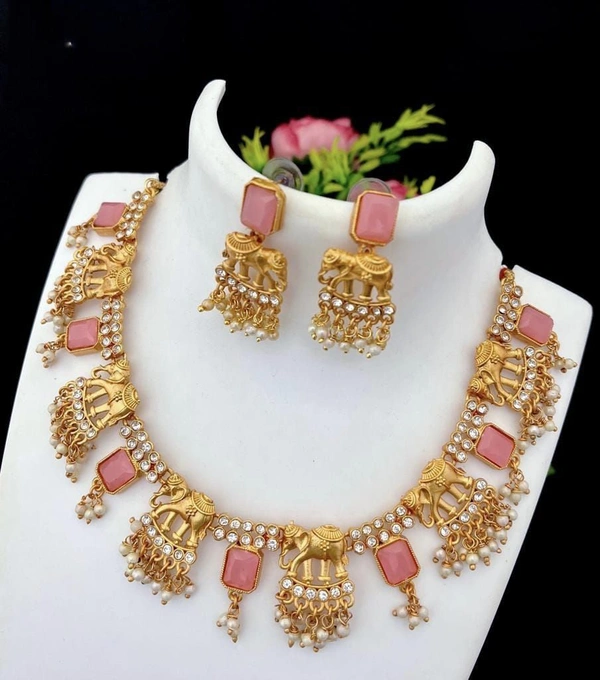 Shopnav Women's Gold Plated Temple Necklace and Necklace and Earrings Set (Pink — Free Size) - Pink, Beads