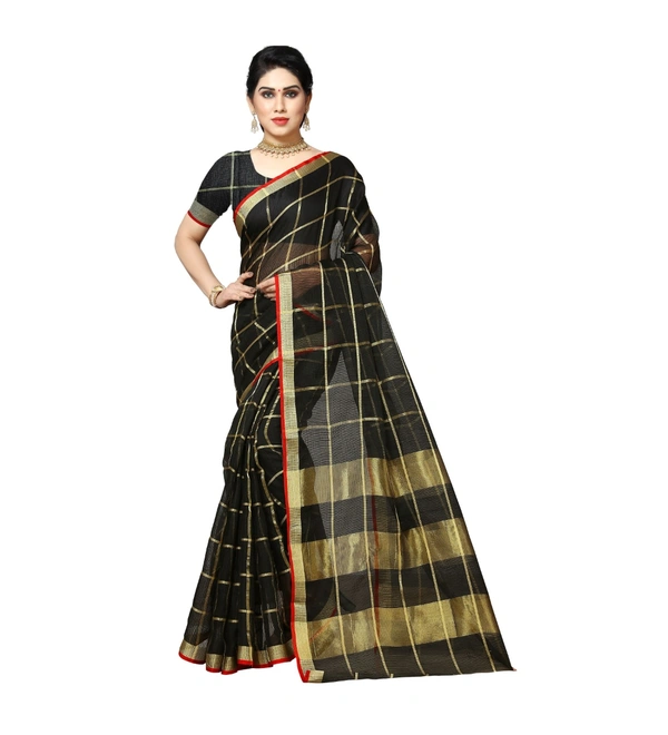 Women's Kota Doria Cotton Saree With Blouse (Black,6-3 Mtrs) - Black, 0.4, 6-3Mtrs