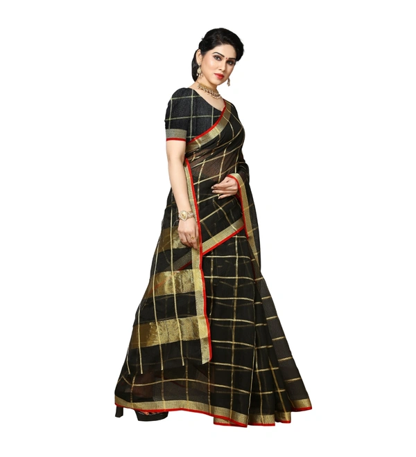 Women's Kota Doria Cotton Saree With Blouse (Black,6-3 Mtrs) - Black, 0.4, 6-3Mtrs