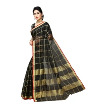 Women's Kota Doria Cotton Saree With Blouse (Black,6-3 Mtrs) - Black, 0.4, 6-3Mtrs
