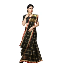 Women's Kota Doria Cotton Saree With Blouse (Black,6-3 Mtrs) - Black, 0.4, 6-3Mtrs