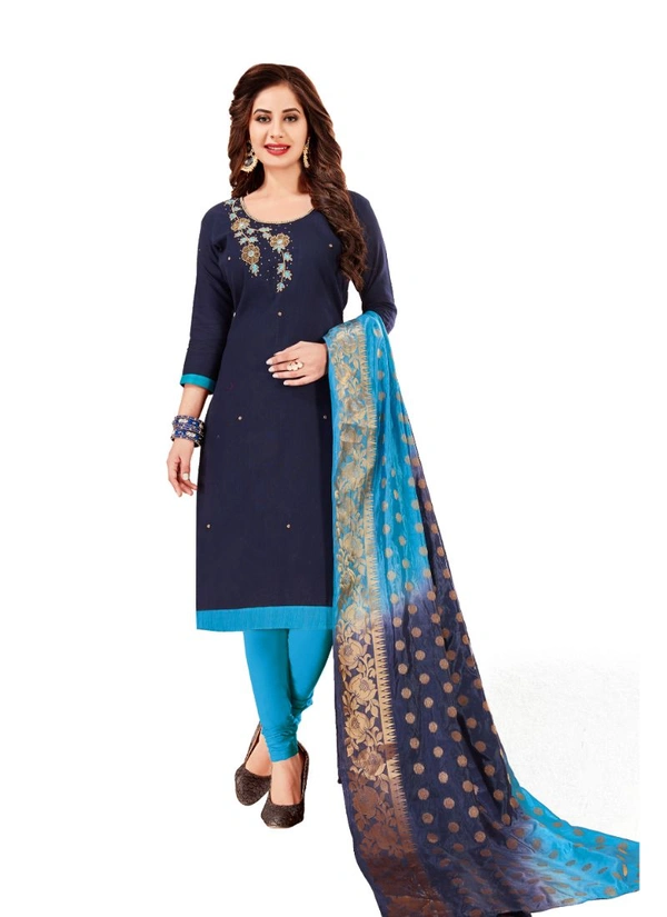 Women's Slub Cotton Unstitched Salwar-Suit Material With Dupatta (Navy Blue, 2-2.5mtrs) - Navy Blue, 0.41, 2-2.5mtrs