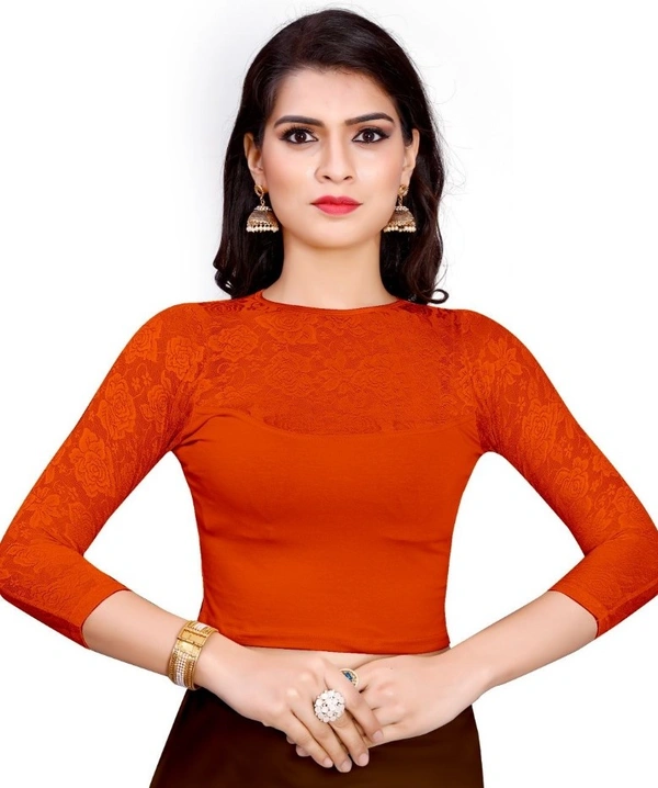Women's Stretchable Readymade Blouse Cotton Lycra (Size-Free Size ,Neck Type-Round) - Orange, 0.35, Free Size