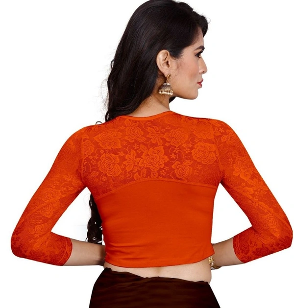 Women's Stretchable Readymade Blouse Cotton Lycra (Size-Free Size ,Neck Type-Round) - Orange, 0.35, Free Size