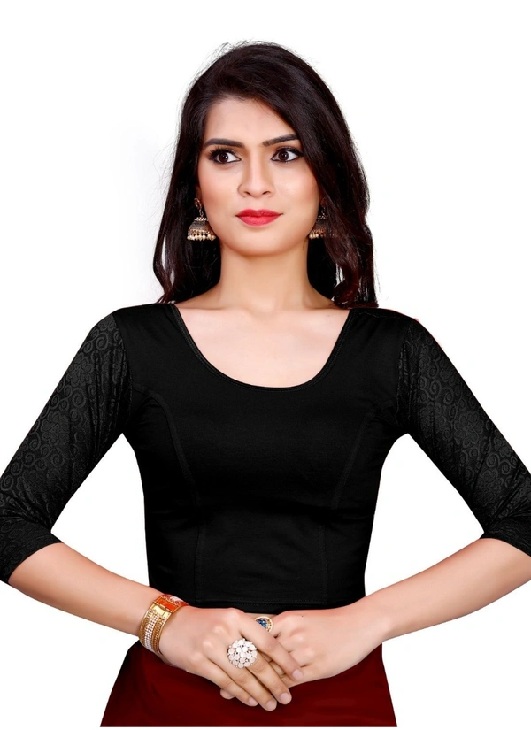 Women's Stretchable Readymade Blouse Cotton Lycra (Size-Free Size ,Neck Type-Round) - Black, 0.35, Free Size