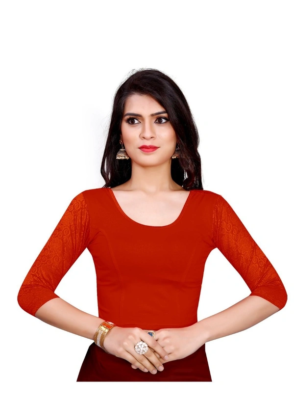 Women's Stretchable Readymade Blouse Cotton Lycra (Size-Free Size ,Neck Type-Round) - Orange, 0.35, Free Size