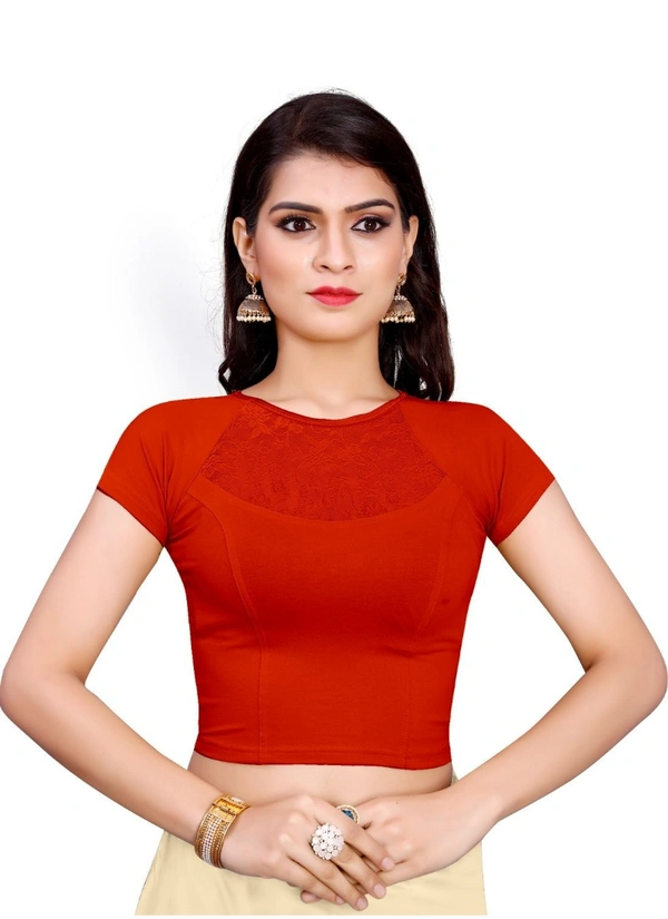 Women's Stretchable Readymade Blouse Cotton Lycra (Size-Free Size ,Neck Type-Designer) - Orange, 0.35, Free Size
