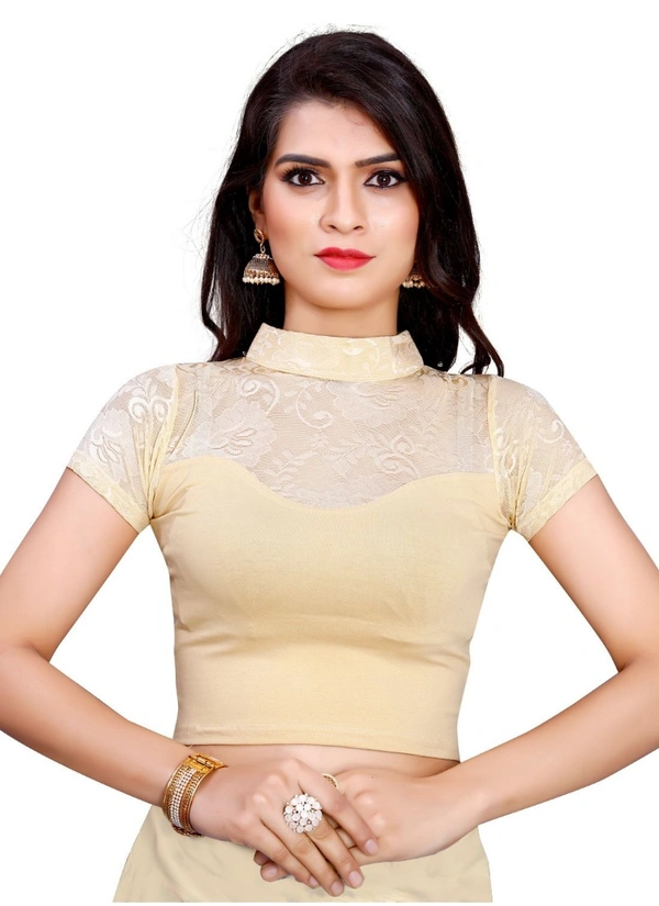 Women's Stretchable Readymade Blouse Cotton Lycra (Size-Free Size ,Neck Type-Collar) - Chiku, 0.35, Free Size
