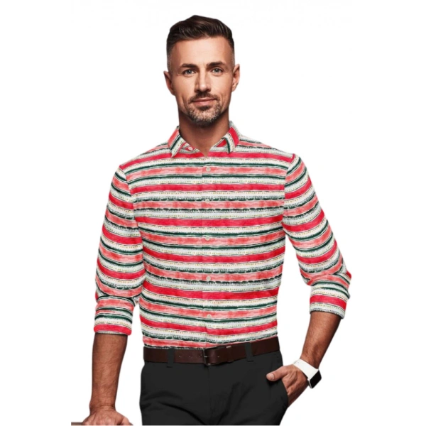 Men's Cotton Blended Striped Full Sleeve Shirt (Red-White) - M