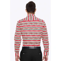 Men's Cotton Blended Striped Full Sleeve Shirt (Red-White) - M