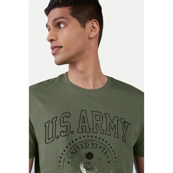 Men's Casual Half sleeve Printed Cotton Crew Neck T-shirt (Military Green) - Military Green, Typographic printed, S