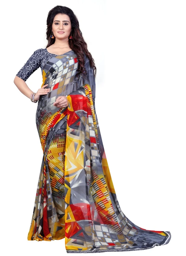 Printed Faux Georgette Grey Color Saree