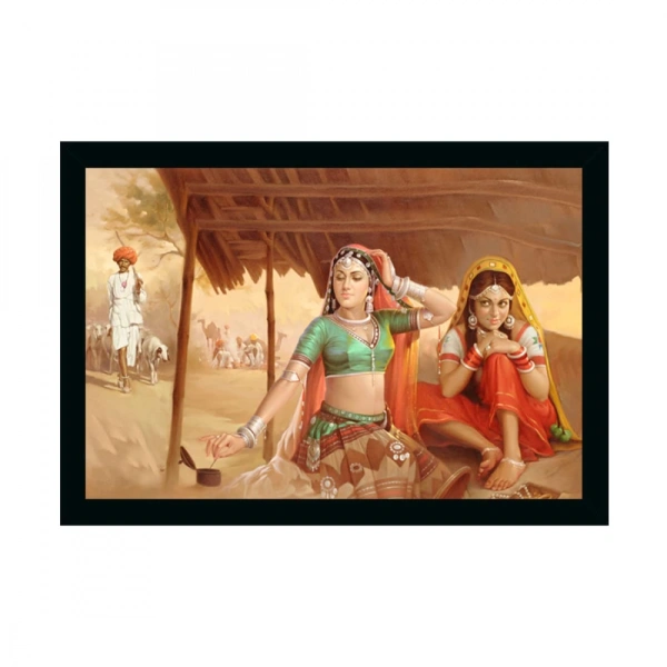 Rajasthani Village Modern Art Painting with Synthetic Photo Frame (Multicolor) - 0.08, Multicolor
