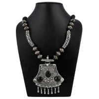 Generic Tibetam Silver and Black Acrylic Beads Necklace - Black, Gold plated