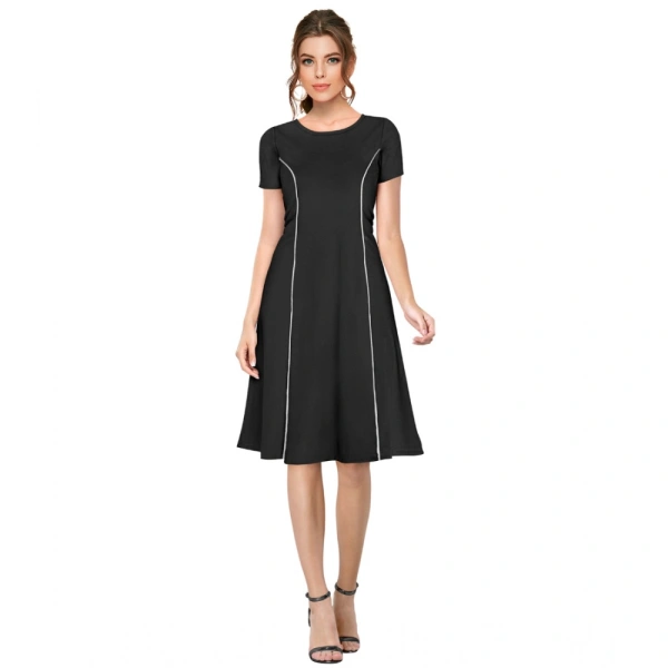 Women's Knitting strachable Solid Round Neck Cap Sleeve Dresses (Black) - XL