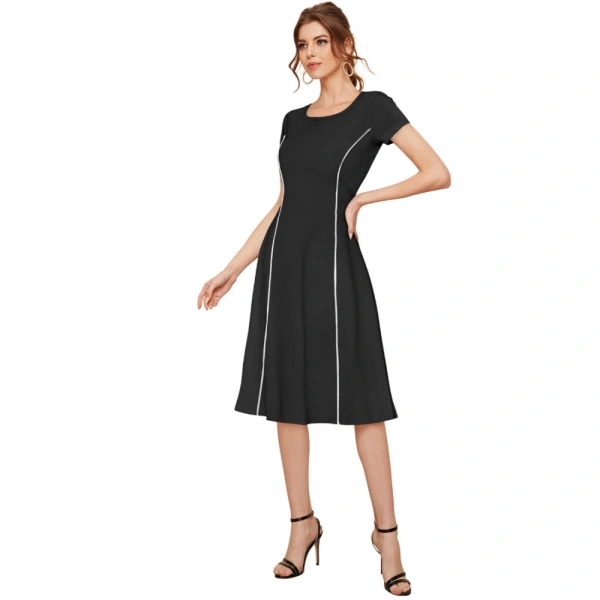 Women's Knitting strachable Solid Round Neck Cap Sleeve Dresses (Black) - XL