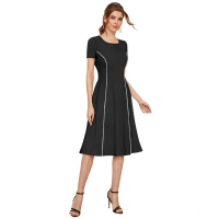 Women's Knitting strachable Solid Round Neck Cap Sleeve Dresses (Black) - XL
