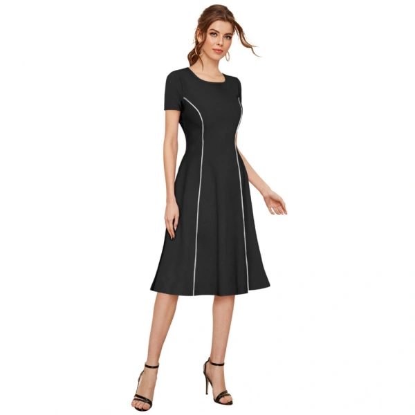 Women's Knitting strachable Solid Round Neck Cap Sleeve Dresses (Black) - XL
