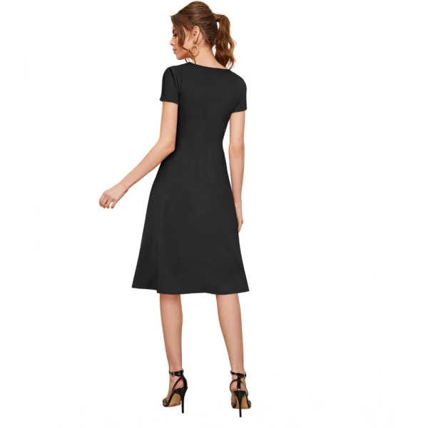 Women's Knitting strachable Solid Round Neck Cap Sleeve Dresses (Black) - XL