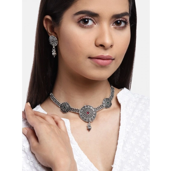 Shopnav Women's Rose Gold Plated Alloy Necklace &amp; Earings Set (Silver) - Silver