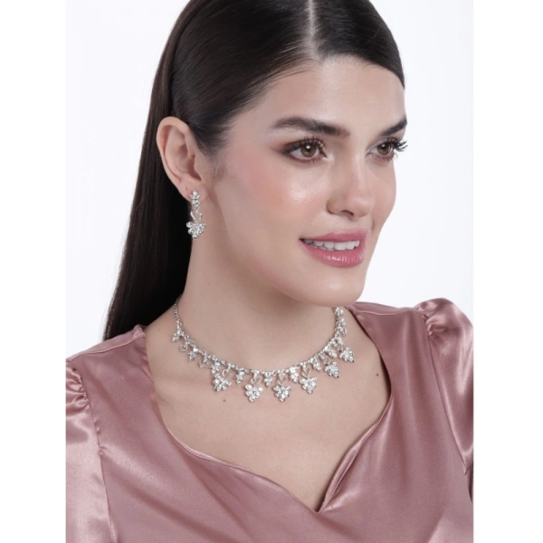 Shopnav Women's Rose Gold Plated Brass Necklace &amp; Earings Set (Silver) - Silver