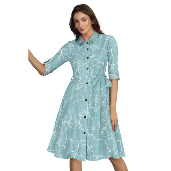 Women's Ruby Cotton Printed Shirt Collar 3-4th Sleeve Dresses (Pista) - S